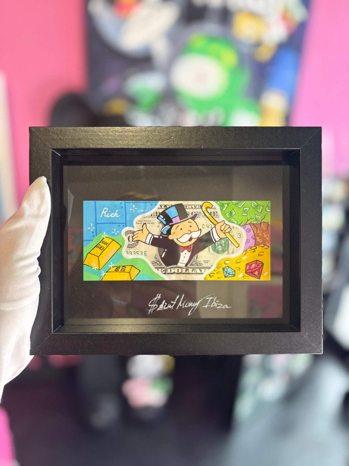 Dólar pintado a mano Rich · Black Frame · Monopoly Rich Life · Saint Gallery Ibiza
