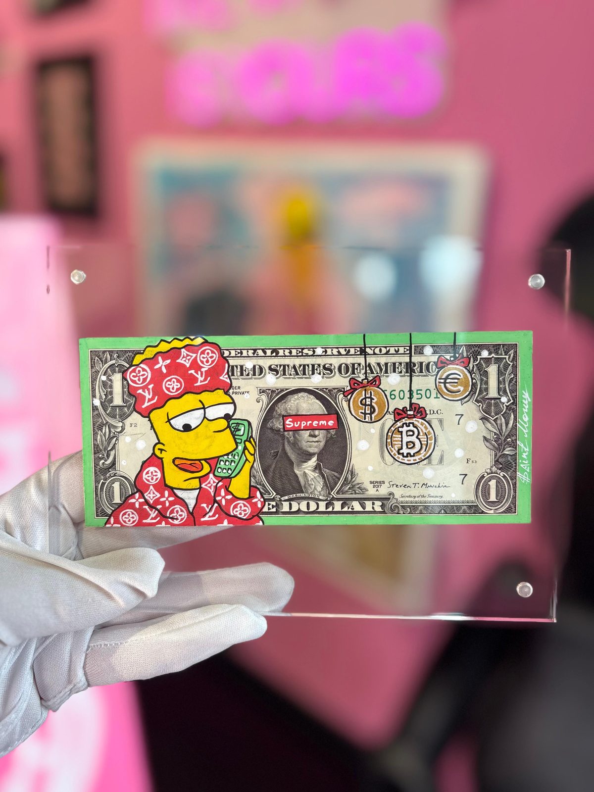 Dólar pintado a mano Bart Supreme · Simpsons Vice · Saint Gallery Ibiza